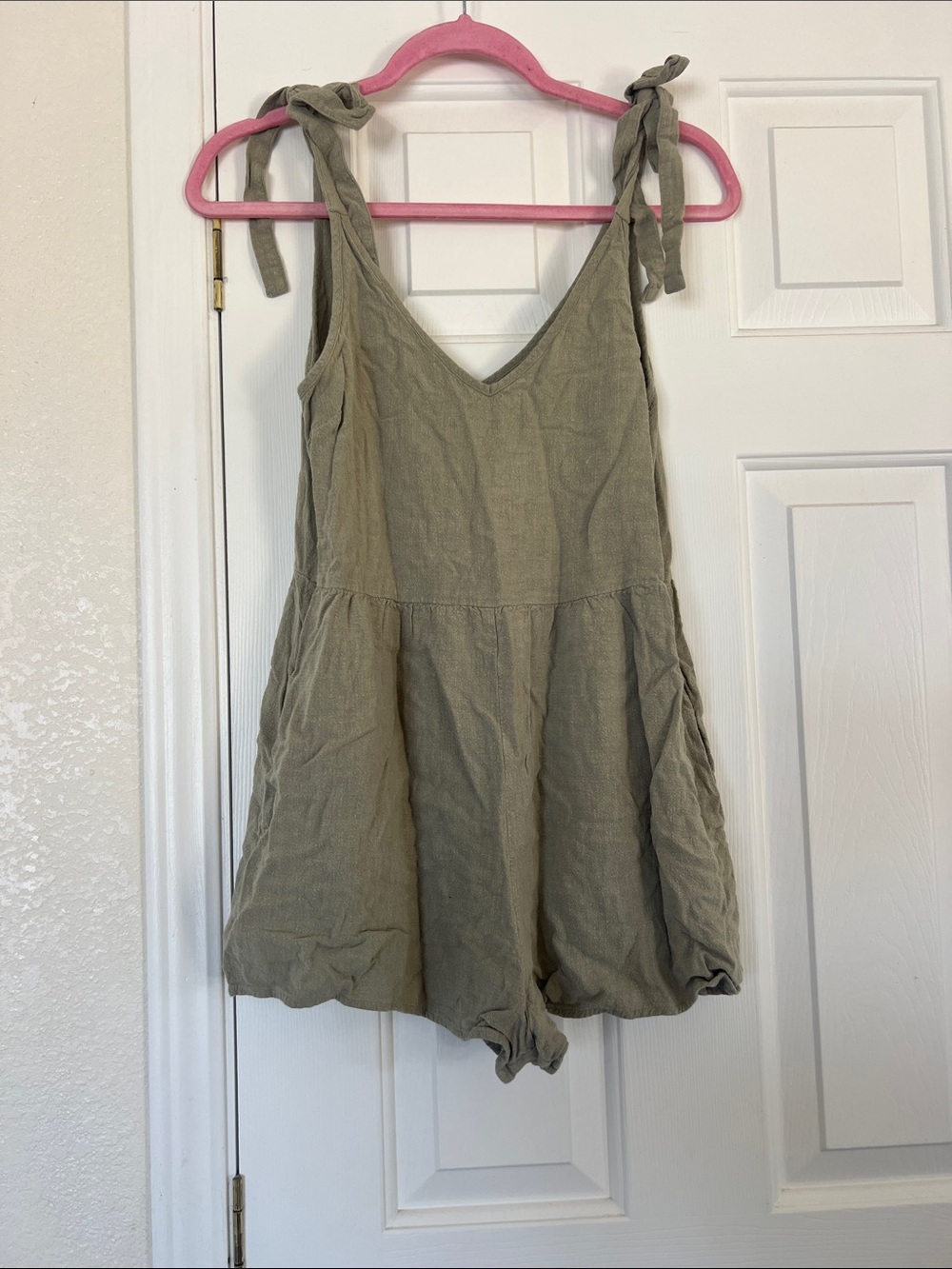 Ghanda Tie-Shoulder V-Neck Romper in Sage